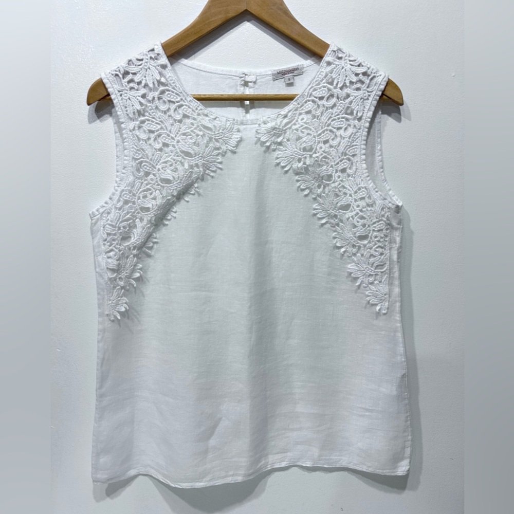 Women’s White 100% Linen Tank Top Floral Lace Appliqué Made in Italy Size S